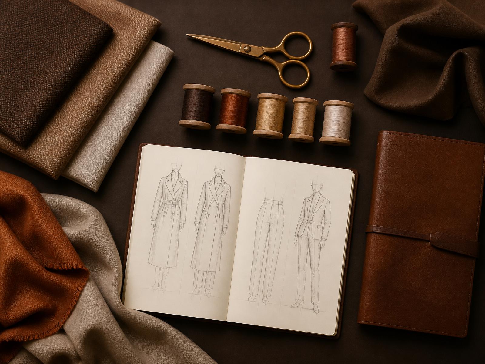 Arlo Aven atelier flatlay of brown and beige fabrics with brass scissors and a designer's sketchbook